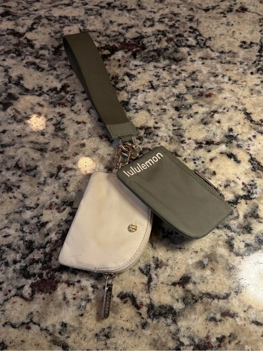 lululemon olive green and cream keycard wristlet set
